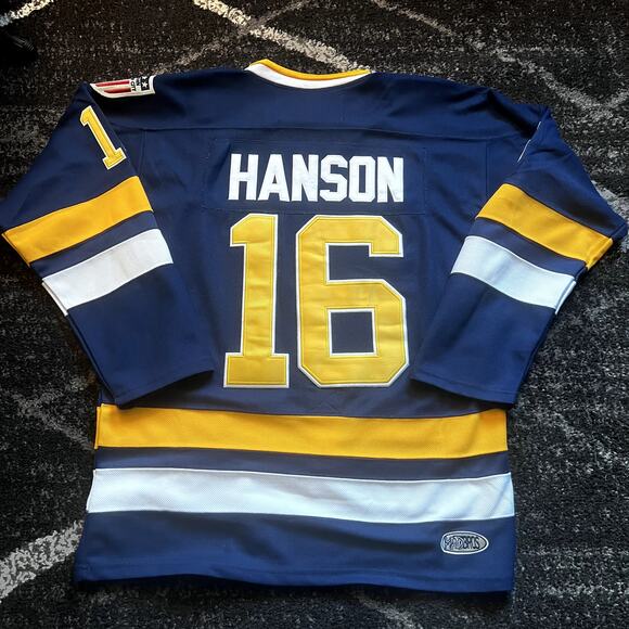 CCM Hanson Brothers Charlestown Chiefs Slap Shot Hockey Jersey Blue/Yellow 50 - Picture 2 of 7